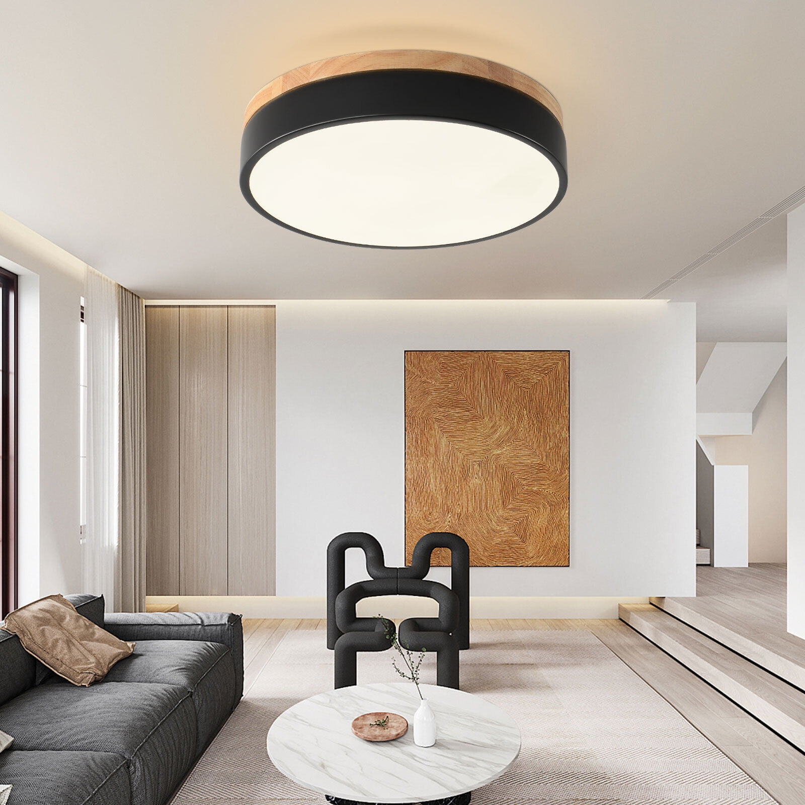 Farmhouse 12 inches Round Dimmable LED Flush Mount Light Bedroom Ceiling Light Wood Base 3 Lighting Colors
