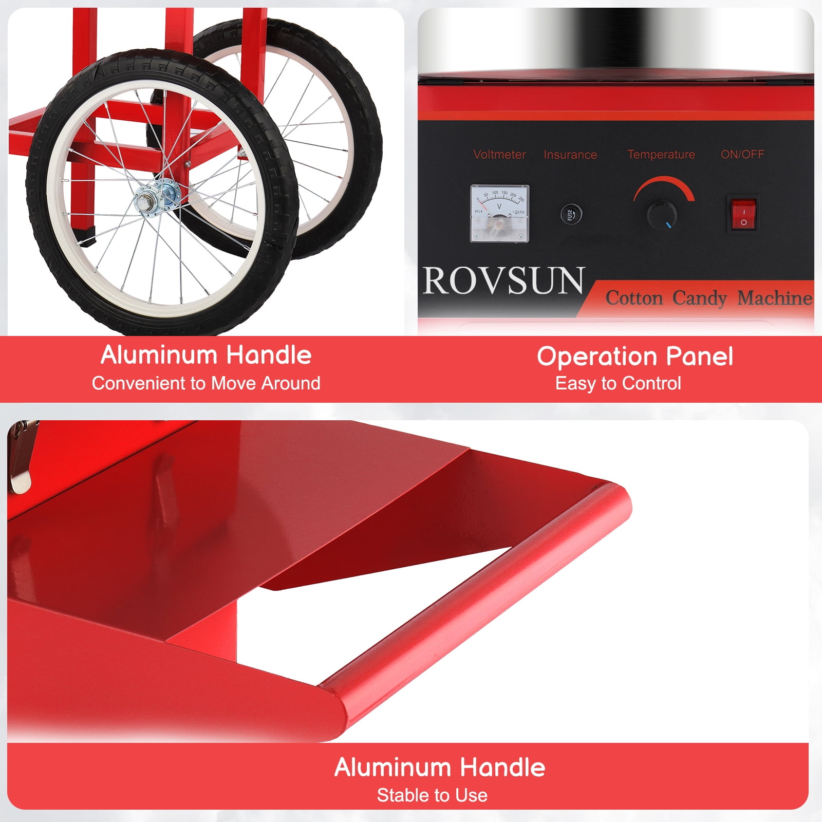 ROVSUN Cotton Candy Machine with Cart Stainless Steel, 21 Inch Electric Cotton Candy Maker Candy Floss Maker w/Cover Sugar Scoop and Large Storage Drawer for Commercial Home Party Carnival, Red