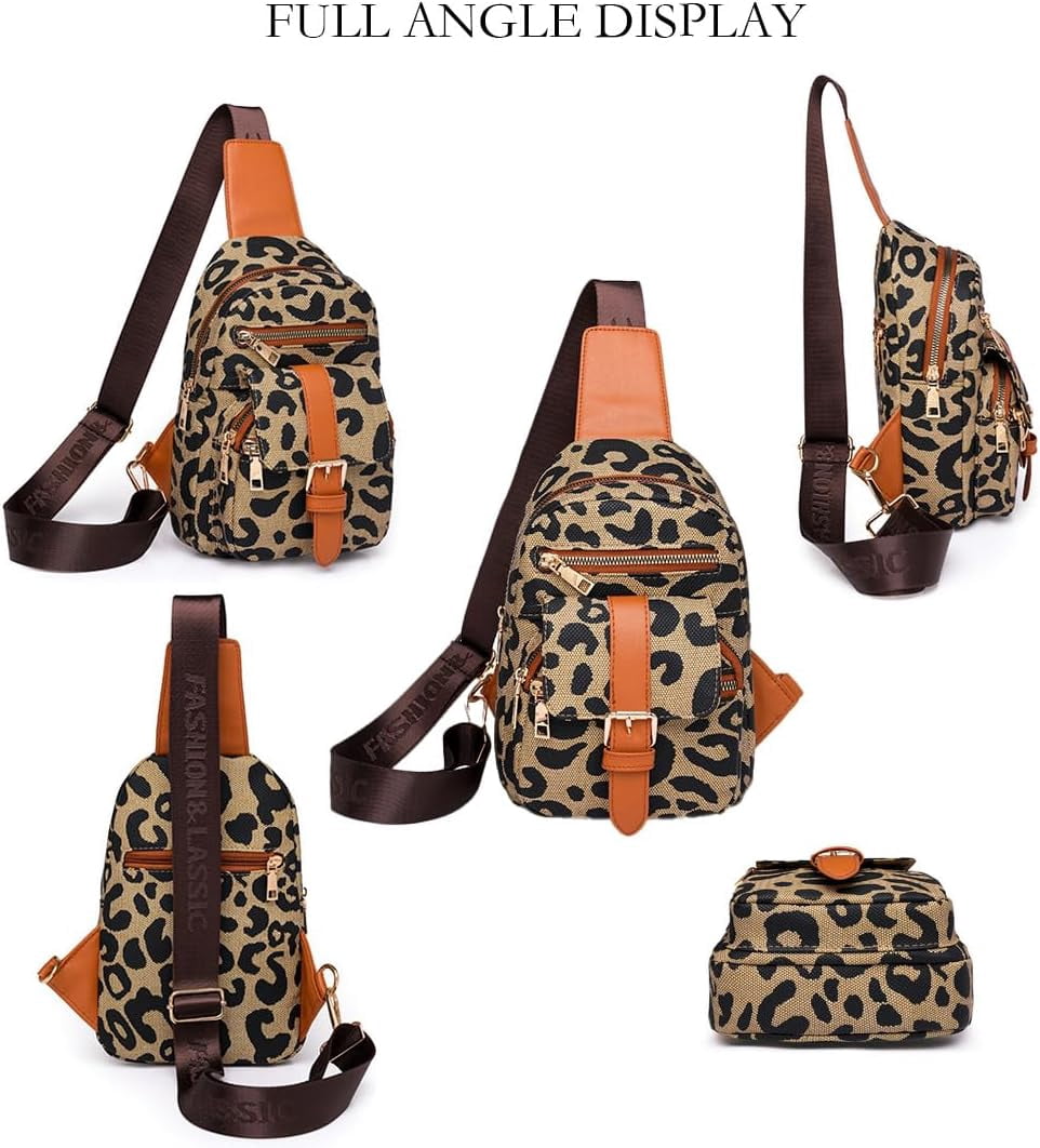 Leopard Print Chest Bag for Women Cheetah Print Crossbody Sling Bag Purse Casual Multi Zipper Travel Hiking Daypack (Leopard-1)