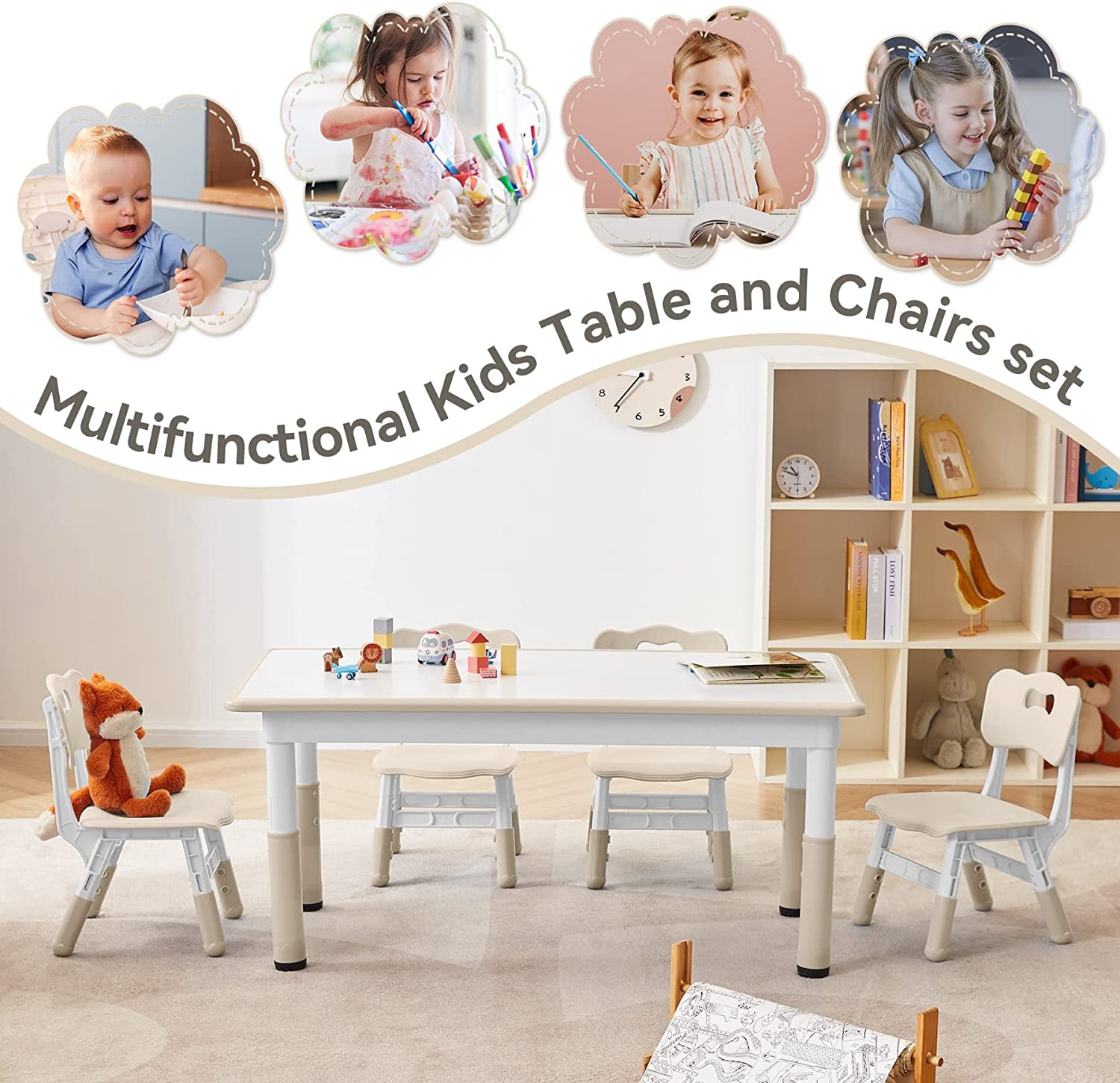 Kids Study Table and Chairs Set, Height Adjustable Toddler Table and Chair Set for Kids Ages 3-8, Graffiti Desktop (Burlywood - 1)