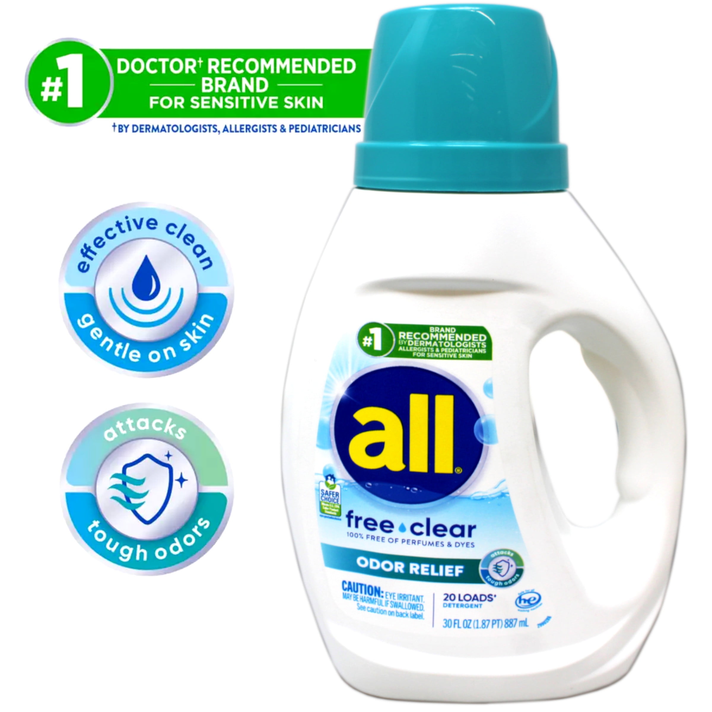 3 Pack - All Liquid Laundry Detergent, Free Clear with Odor Relief, 20 Loads, 36 fl oz