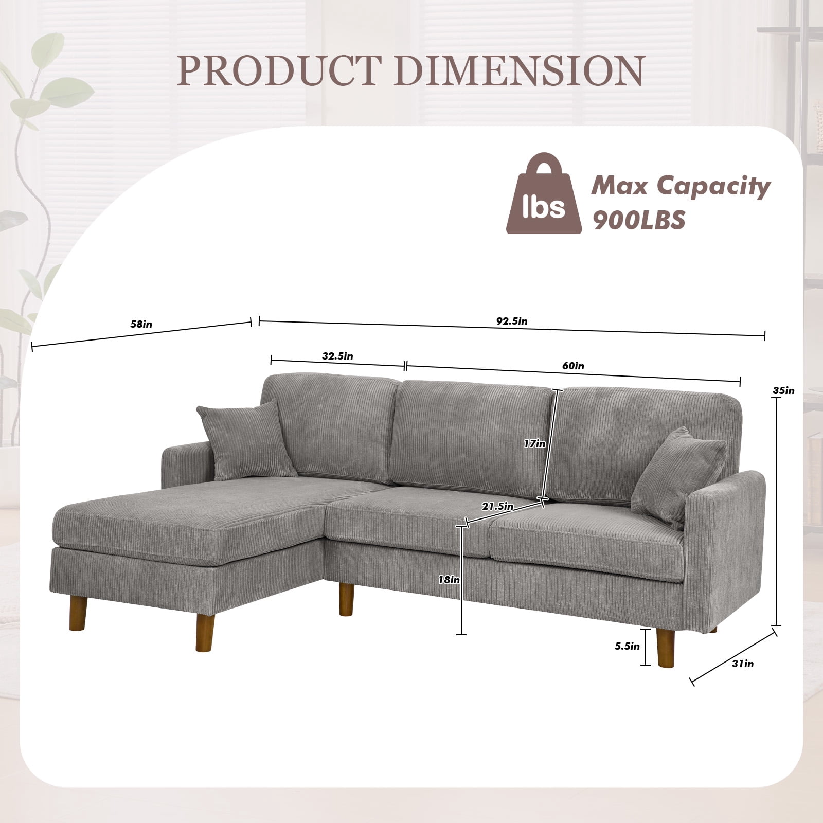 MOONMISS 93" Sectional Sofa , L-Shaped 3-Seat Sofa Couch with Chaise for Livingroom,Gray