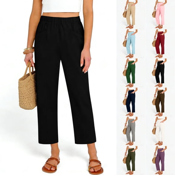 Cotton Womens Pants Plus Size Casual Womens Wide Leg Pants Solid Color Womens Pants with Pockets Elastic Waist Bandage Pants for Women Black-S