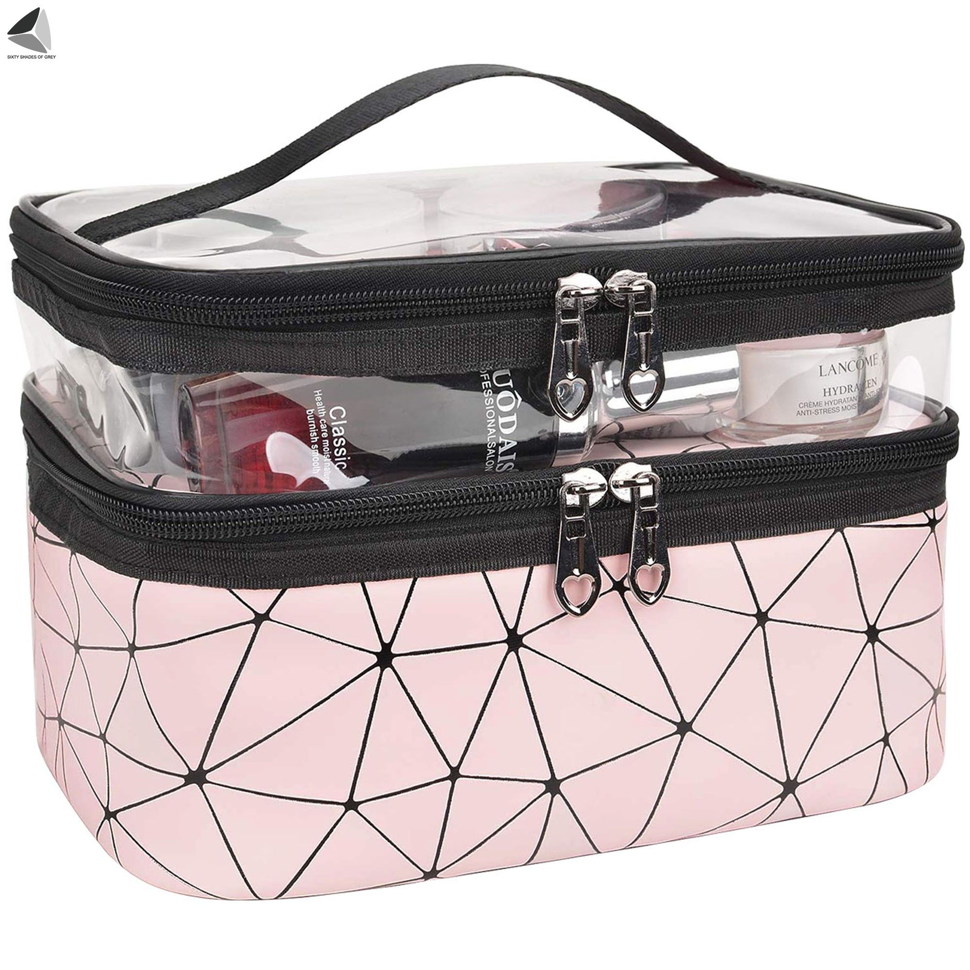 PULLIMORE Portable Travel Makeup Bags Double Layer Cosmetic Cases Make Up Organizer Toiletry Bag for Women and Girls (Pink) - image 2 of 8