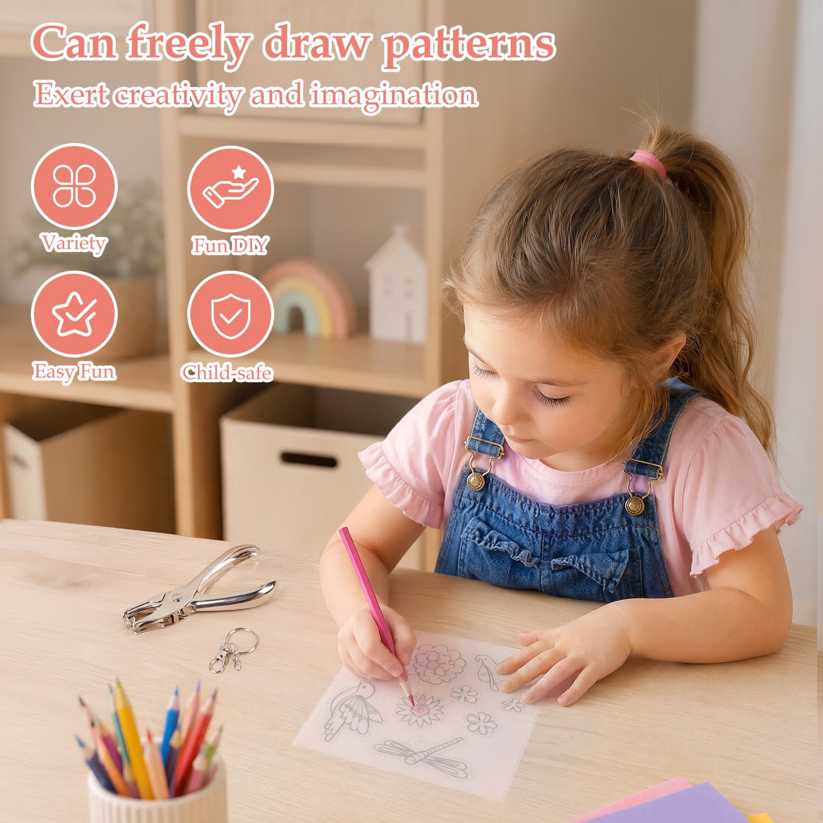221 Piece Shrinky Dink Sheets Paper Keychain Kit – with Hole Punch, Keychains & Tassels for Key Ring & Earring Craft