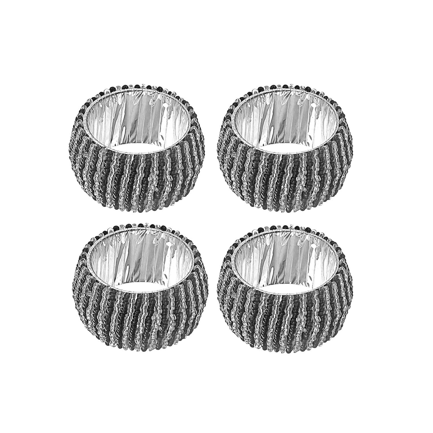 4PC Beaded Napkin Ring With Craft Box Black & Silver