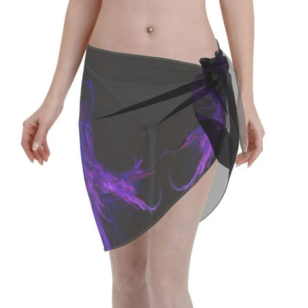 Womens Black Purple Abstract Coverups Beach Short Sarong Sheer Chiffon Cover Up Bikini Wraps