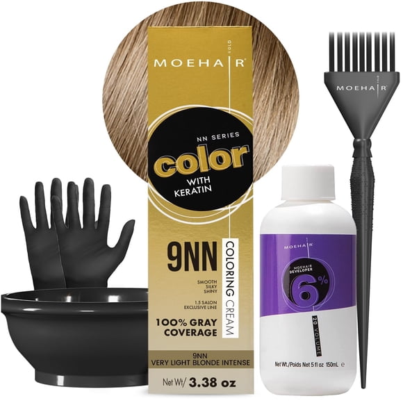 Kit de coloración del cabello MOEHAIR | 9NN Color de cabello permanente (Rubio muy claro intenso) Desarrollador de 20 volúmenes 6% Cepillo colorante Guantes y tazón para mezclar| Color con queratina |