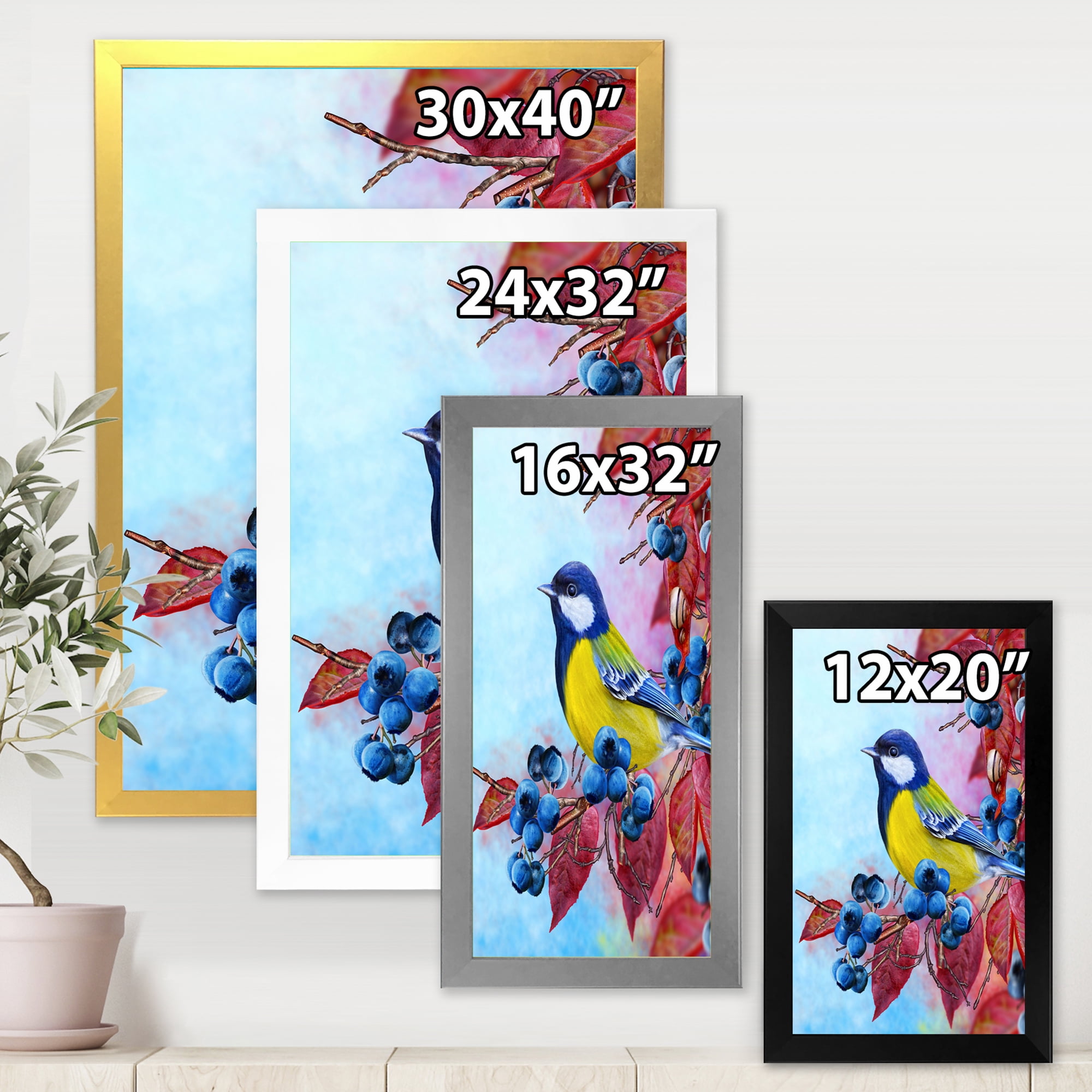 Designart 'Bright Bird Bullfinch Sitting On A Branch of Berries II' Traditional Framed Art Print