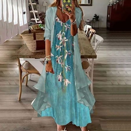 

cllios Women s Summer Long Sleeve Smock + Dress Two Piece Set Long Dress Beach Maxi Dress for Women 2022