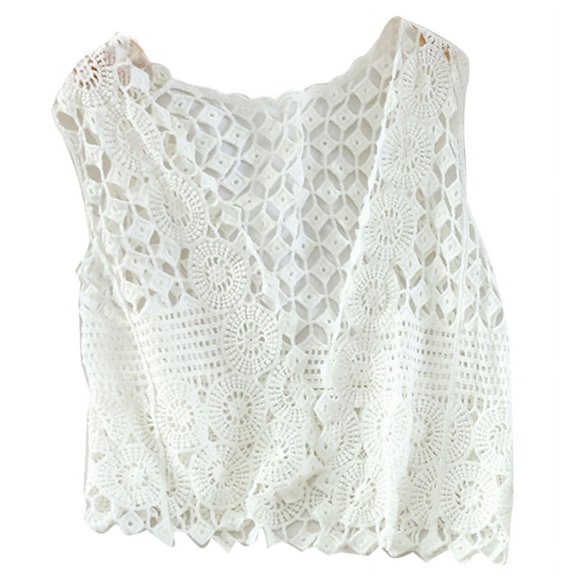 YUOPEEA Women Hollow Out Crochet Crop Top Vest V-Neck Open Front Floral Lace Sleeveless for Jacket Cardigan Casual Loose Boho Hippie Beach Mini Waistcoat
