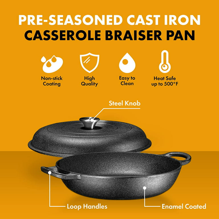 Bruntmor  Heavy Duty Pre-Seasoned Cast Iron Casserole Braiser - Pan With  Cover 