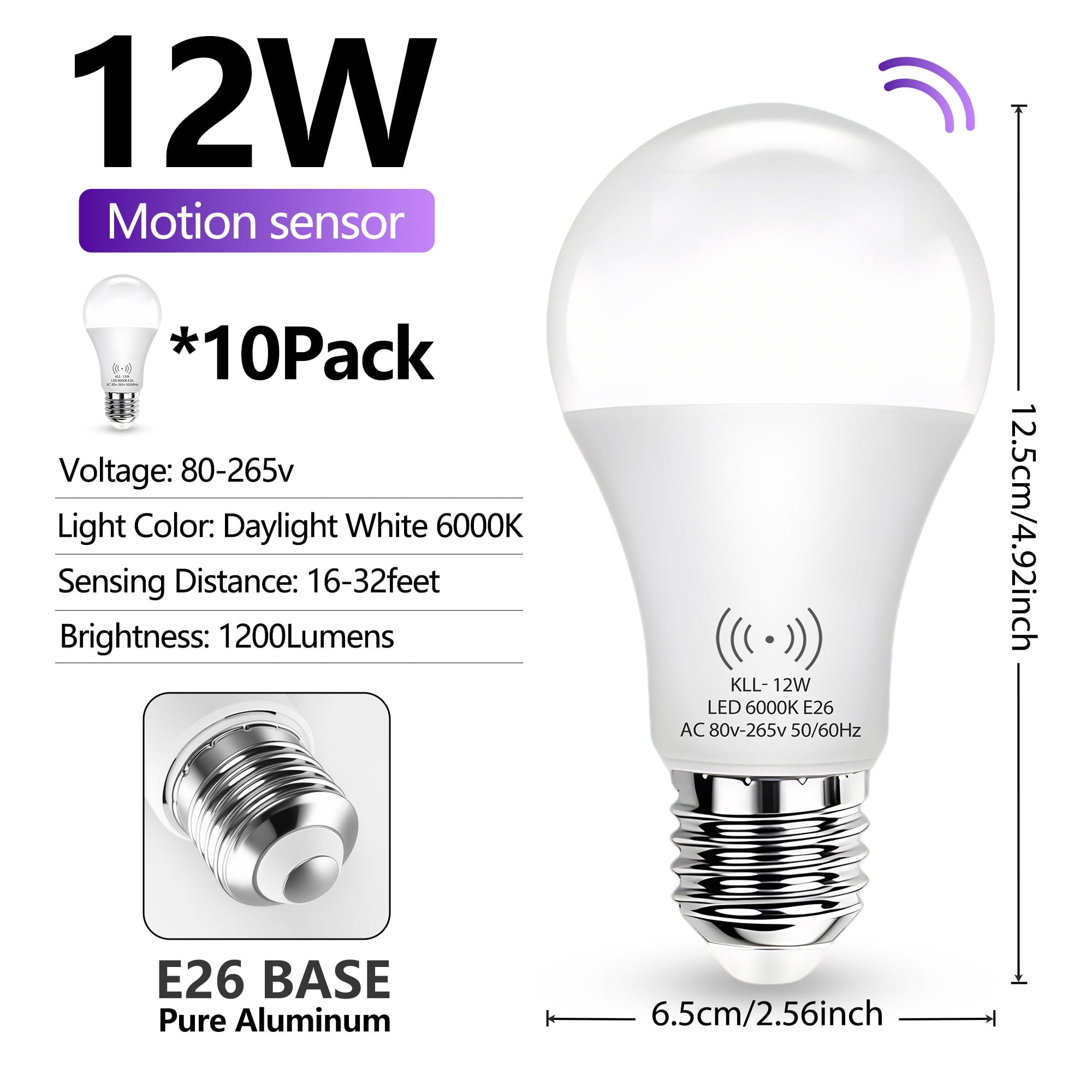 Kasotile Motion Sensor Bulb, 12W (100-Watt Equivalent) Smart Sensor Light Bulbs Super Bright E26 Automatic On/Off Security Lights Outdoor/Indoor for Porch Garage Garden Patio(Cool White 10 Pack)
