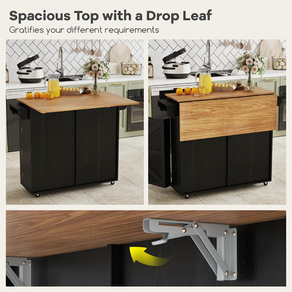 Resenkos Kitchen Cart, Kitchen Island Cart,Rolling Kitchen Island with Trash Can Cabinet and Rubber Universal Wheels-Black