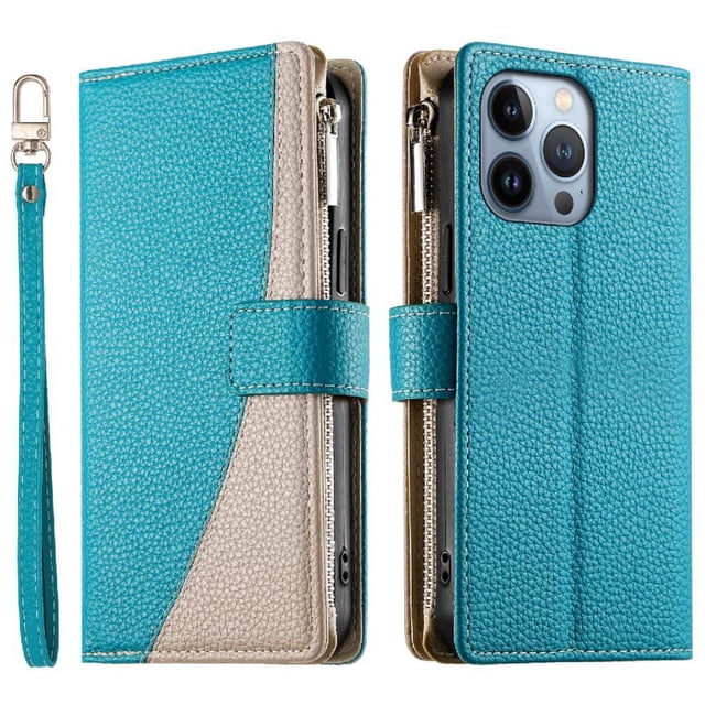 Funda cartera GANGXUN para iPhone 13 Pro , cuero PU con tarjetero, cremallera, correa de mano, soporte y protección 636°