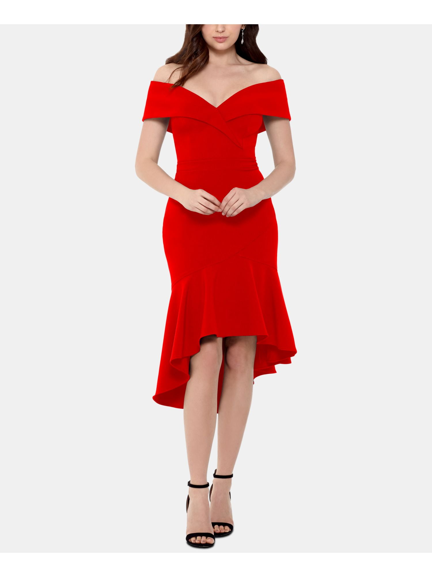 xscape red ruffle dress