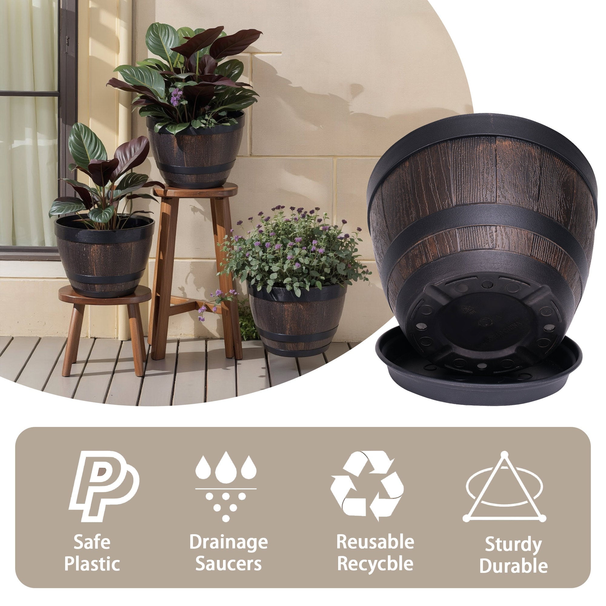 VECELO 3 Pack 9 inch Plant Pots, Whiskey Barrel Planters with Drainage Holes & Saucer, Plastic Imitation Wine Barrel Decoration Flower Pots, for Indoor & Outdoor Garden Home Plants, Brown