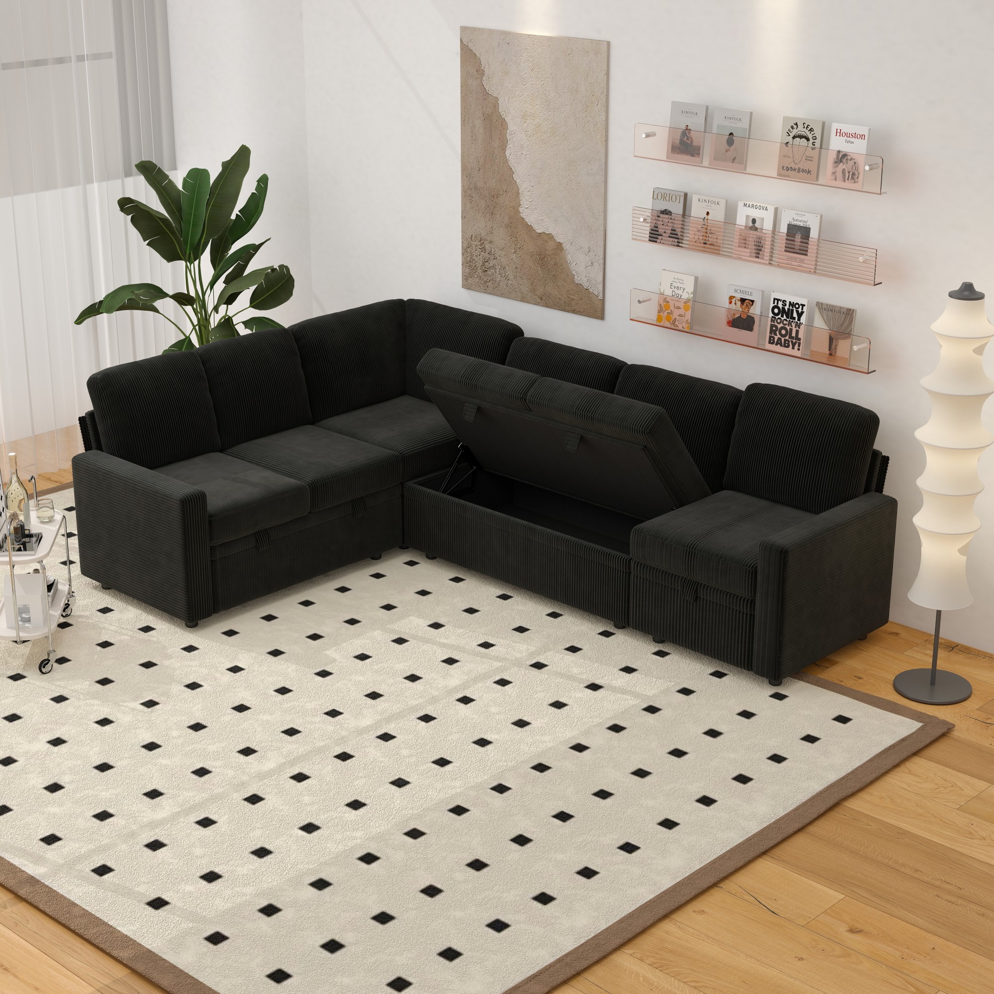 Gewnee 6-Seater Black L-Shaped Convertible Sofa - Soft-Touch Corduroy Fabric,Multifunctional Storage, for Living Rooms & Halls（including 1 footstool）