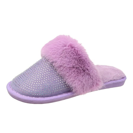 

Fashion Women Rhinestones Slip On Furry Plush Flat Home Winter Round Toe Keep Warm Solid Color Slippers Shoes