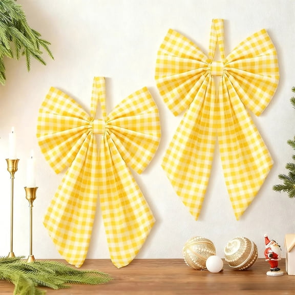 Under 4$! Yellow Gingham Christmas Tree Topper Bow, 9.8 x 7.1 Inch Large Plaid Christmas Bow with Hanging Loop, Wreath Bow for Tree Door and Holiday Party Decor