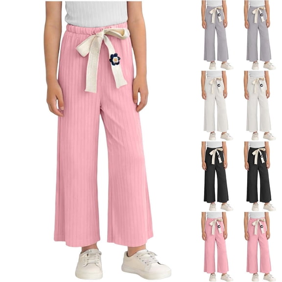 SGFCWSX Girls Wide Leg Pants Ribbed Elastic Waist Bow Tie Casual Pants for Kids Pink Size 7-8 Years
