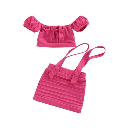 

wybzd Little Girls Plain Buttons Short Sleeve Off-Shoulder Crop Camisole Adjustable Suspender Short Skirt 2PCS Set 2-7 Years
