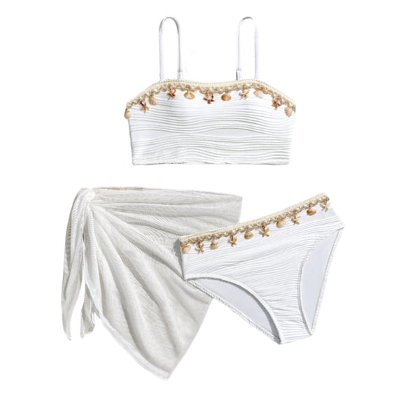 Odeerbi 6-13 Years Kids Teen Girls 3-Piece Swimsuit Set Summer Shell Decoration Bikini Set with Sarong Coverups Cute Bathing Suit