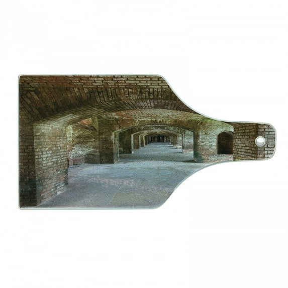 Vintage Cutting Board, Brick Arches Dry Tortugas Old Fort Historic Heritage Tourist Attraction Vintage Design, Tempered Glass Cutting and Serving Board, Wine Bottle Shape, Brown, by Ambesonne