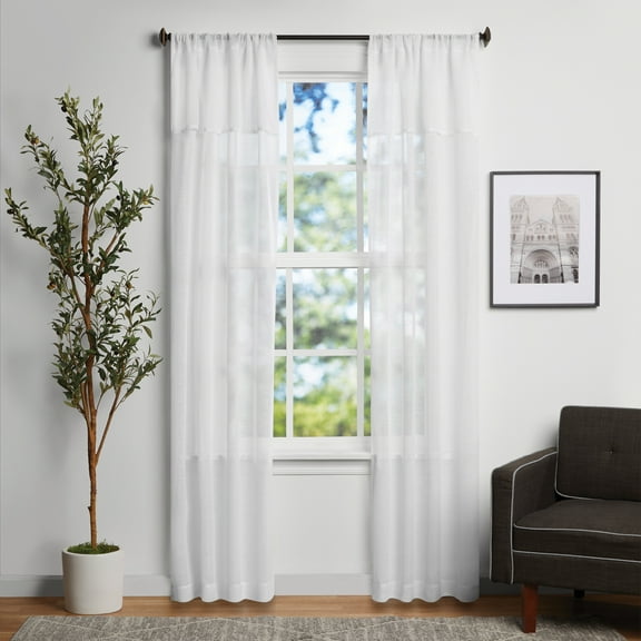 Mainstays Sheer Curtain Panel Pair with Attached Valance, Set of 2, White, 37"W x 84"L
