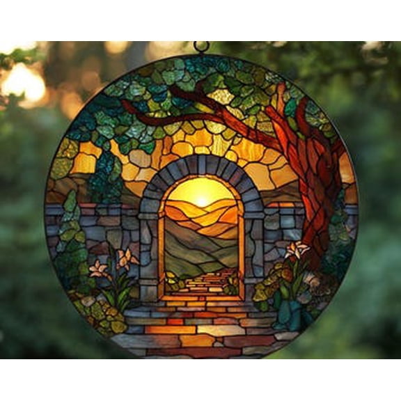 Empty Tomb Suncatcher, Christian Glass Art, Sunrise Over Mountains & Olive Trees, Religious Easter Decor, Faith Window Hanging, 3.5 in