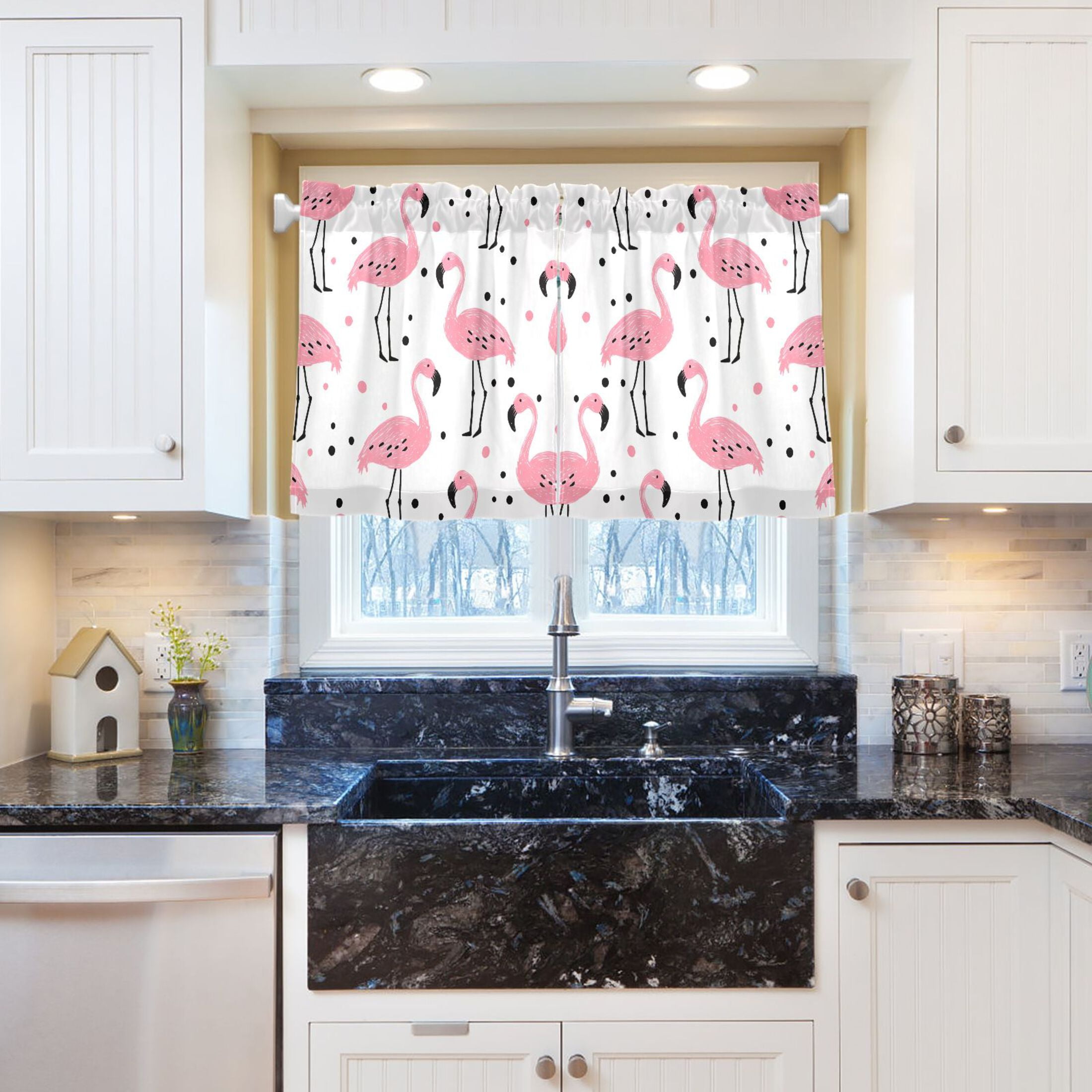 Linen Kitchen Curtains Pink Flamingo Polka Dots Pattern Tier Curtains Tier Kitchen Living Room Bedroom Balcony 2 Panels 27x36 Inch
