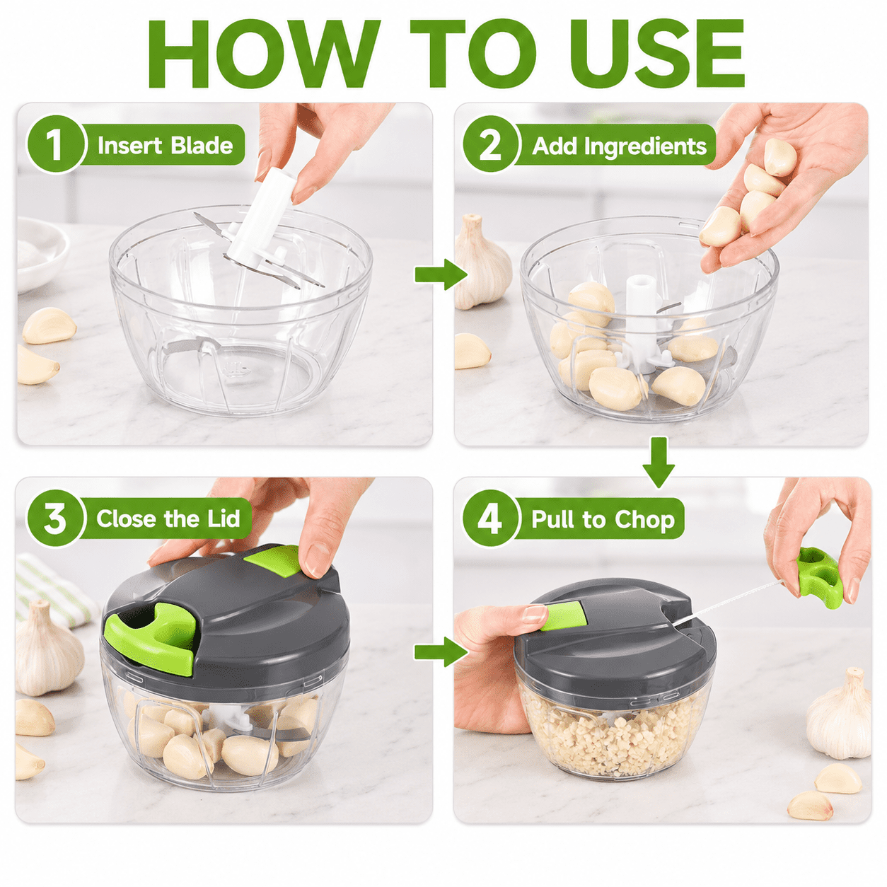 Manual Food Processor Vegetable Chopper, 500ml Hand Pull Garlic Mincer Onion Cutter for Vegetables, Fruits, Nuts, Herbs, Ginger, Gray Green