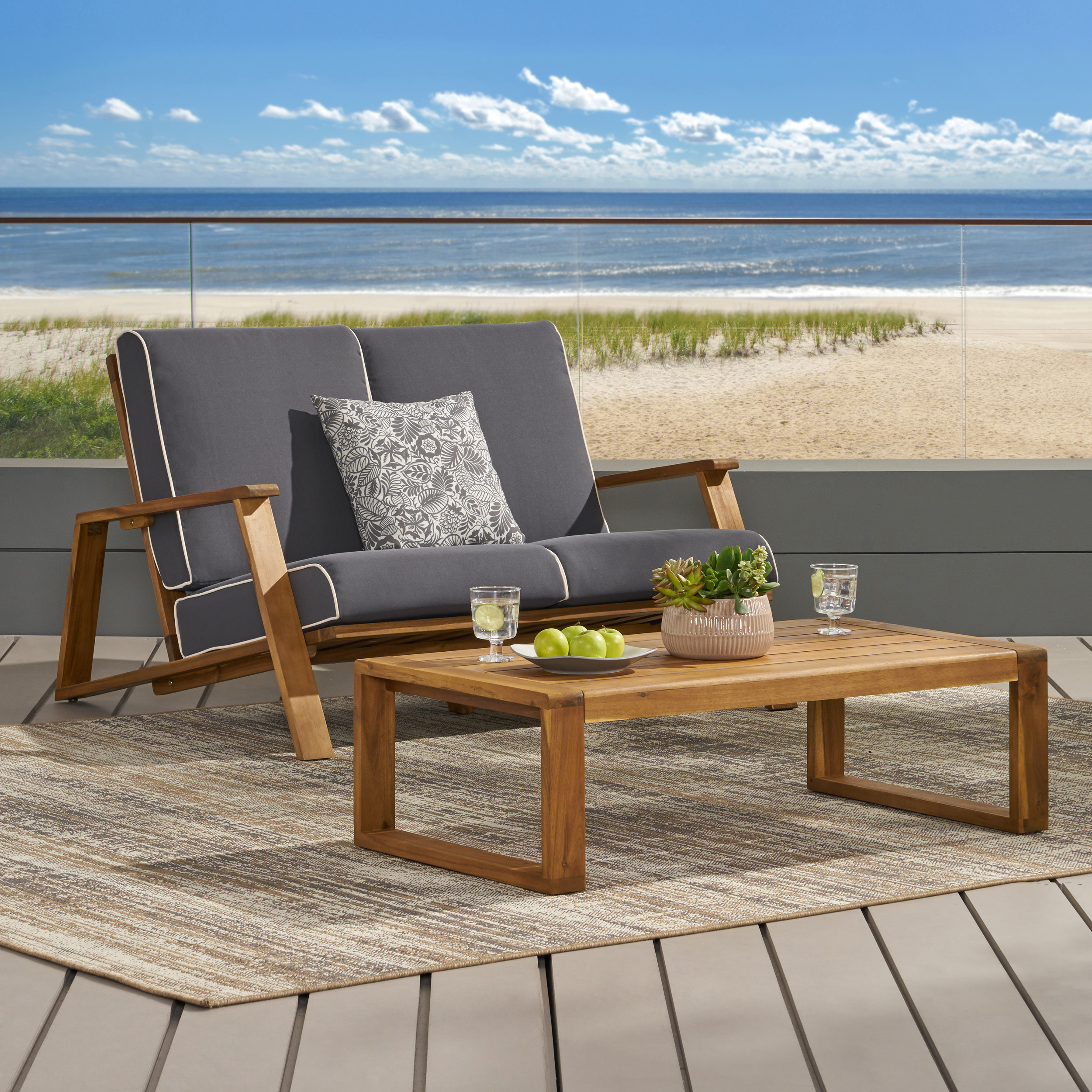 Reyna Outdoor Acacia Wood Loveseat Set with Coffee Table, Teak, Dark Gray