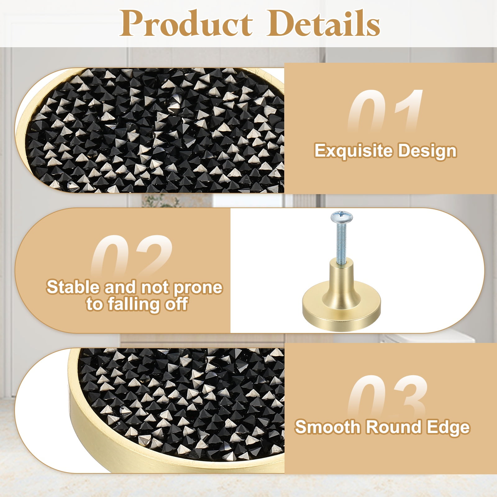 6Pack Gold Cabinet Knobs 1-1/4" Round Knobs Cabinet Handles, Diamond Black