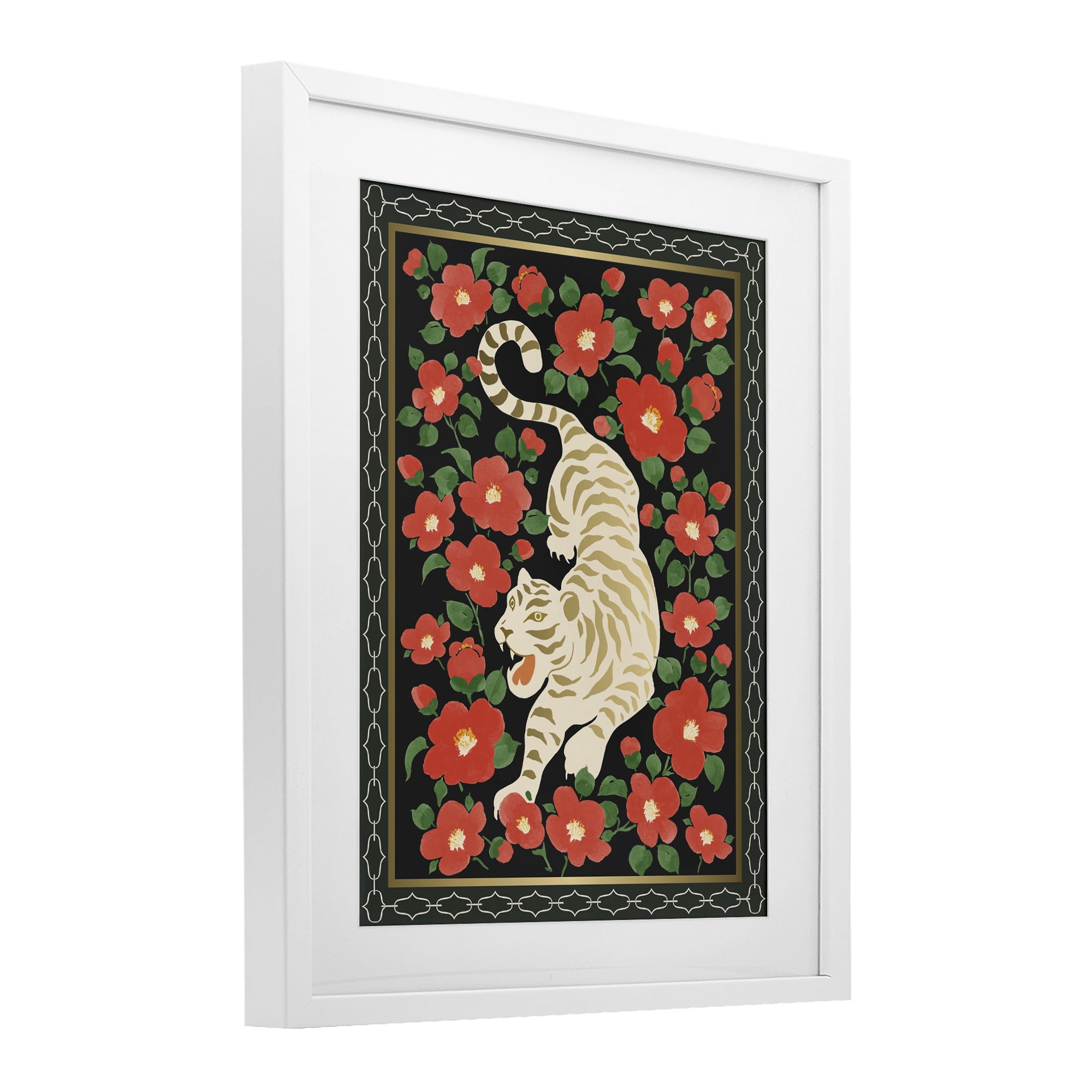 Stupell Industries Ivory Tiger Among Camelias White Framed Print Under Glass, design by Karolina Sato