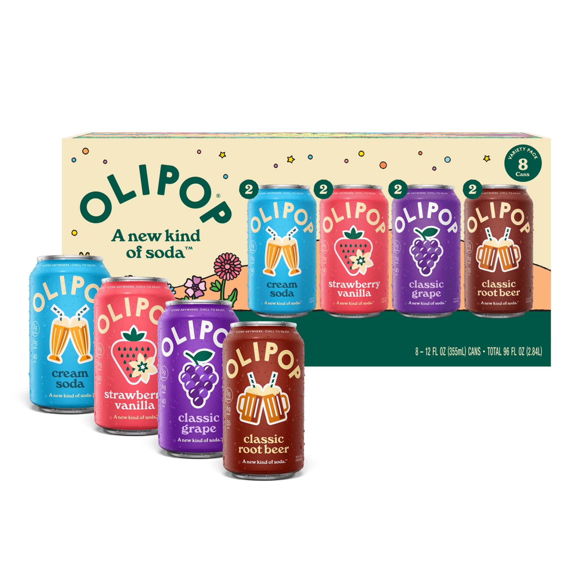 OLIPOP 6g Fiber Prebiotic Soda, Variety Pack, 12 fl oz, 8 Pack, Shelf Stable