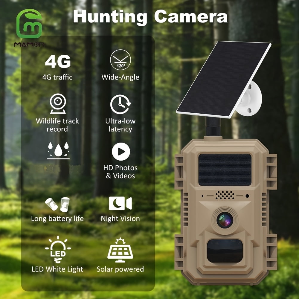 4G LTE Cellular Trail Camera Hunting Camera Game CAMO Solar Powered Battery, 4MP 2K Resolution, 70ft PIR Night Vision, 2-Way Audio, Send Pictures to Your Phone for Wildlife Monitoring and Hunting
