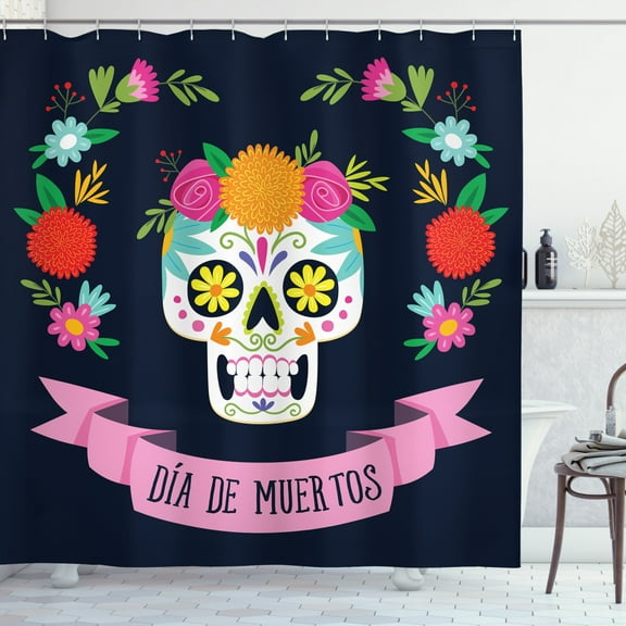 Ambesonne Sugar Skull Shower Curtain, Colorful Wreath, 69"Wx75"L, Navy Blue and Multicolor