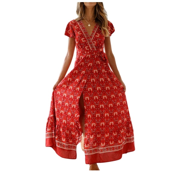 Vintage Clothing Women's Floral Maxi Dresses Boho Button Up Split Summer Casual Long Dress Beach Party Dress, Sizes S-2XL
