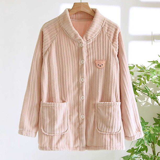 Pijama de manga corta para mujer, de color liso, de franela gruesa, cálido e informal, para el hogar, de manga larga, de poliéster.