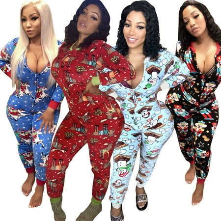 

Christmas Womens Pajamas Sexy Deep V Neck Bodycon Winter Fall Party Nightwear Sleepwear Long Sleeve Romper Long Zipper Jumpsuit