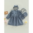 thumbnail image 4 of Arvbitana Toddler Baby Girls Ruffle Dress Clothes Long Sleeve Round Neck Corduroy Dresses + Headband + Bag 3Pcs Outfits Blue, 4 of 8