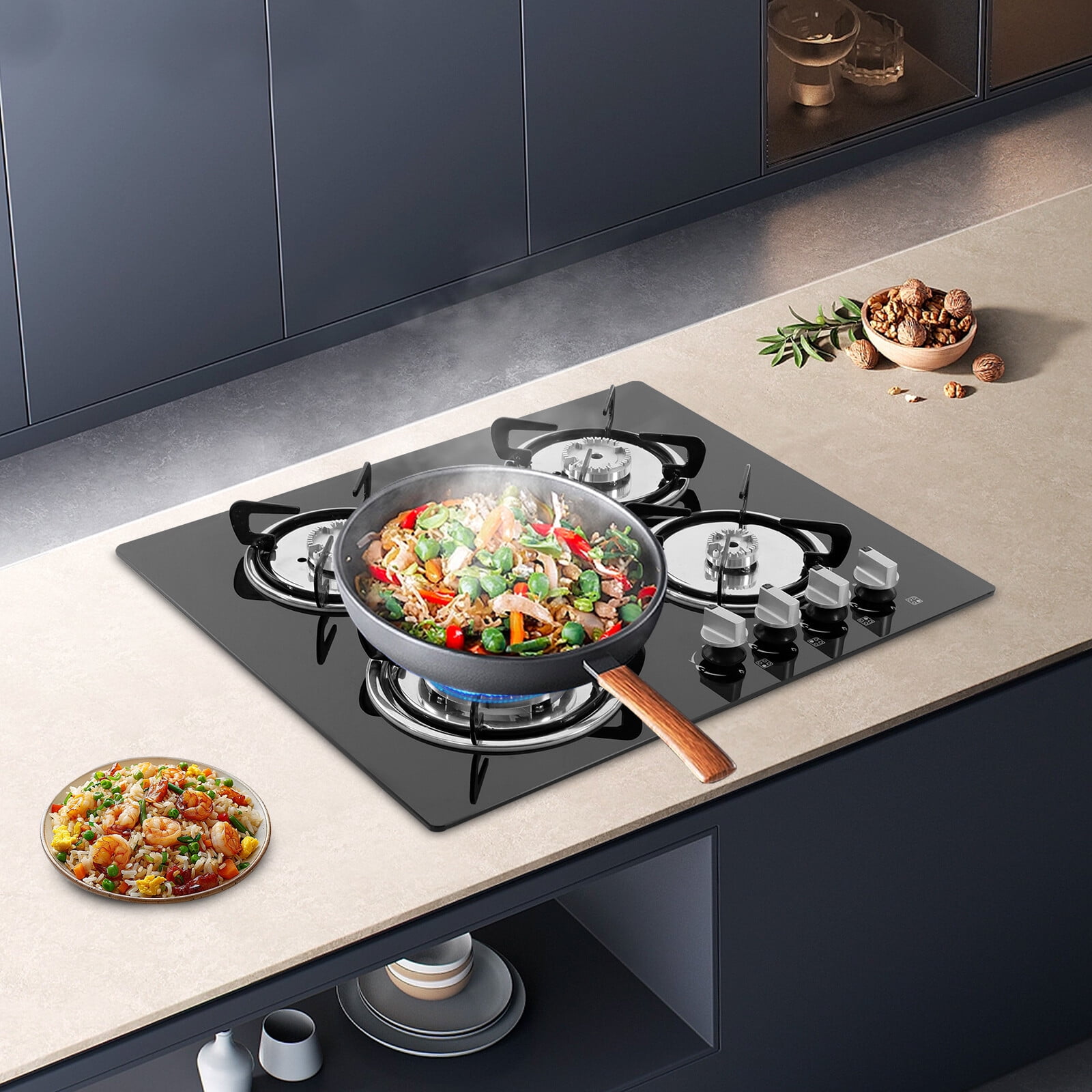 Modern Black Built-In 4 Burner Gas Stove Gas Cooktop 23.2 Inch Gas Stove Top Aluminum Alloy 23.23*20.08in for Home Kitchens, Restaurants, Hotels