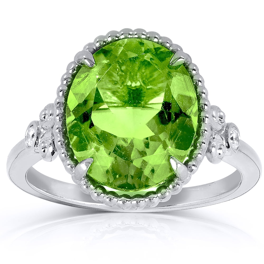 Oval Peridot and Diamond Ring 4 4 5 Carat (ctw) in Silver with 14k White Gold Plated Silver by