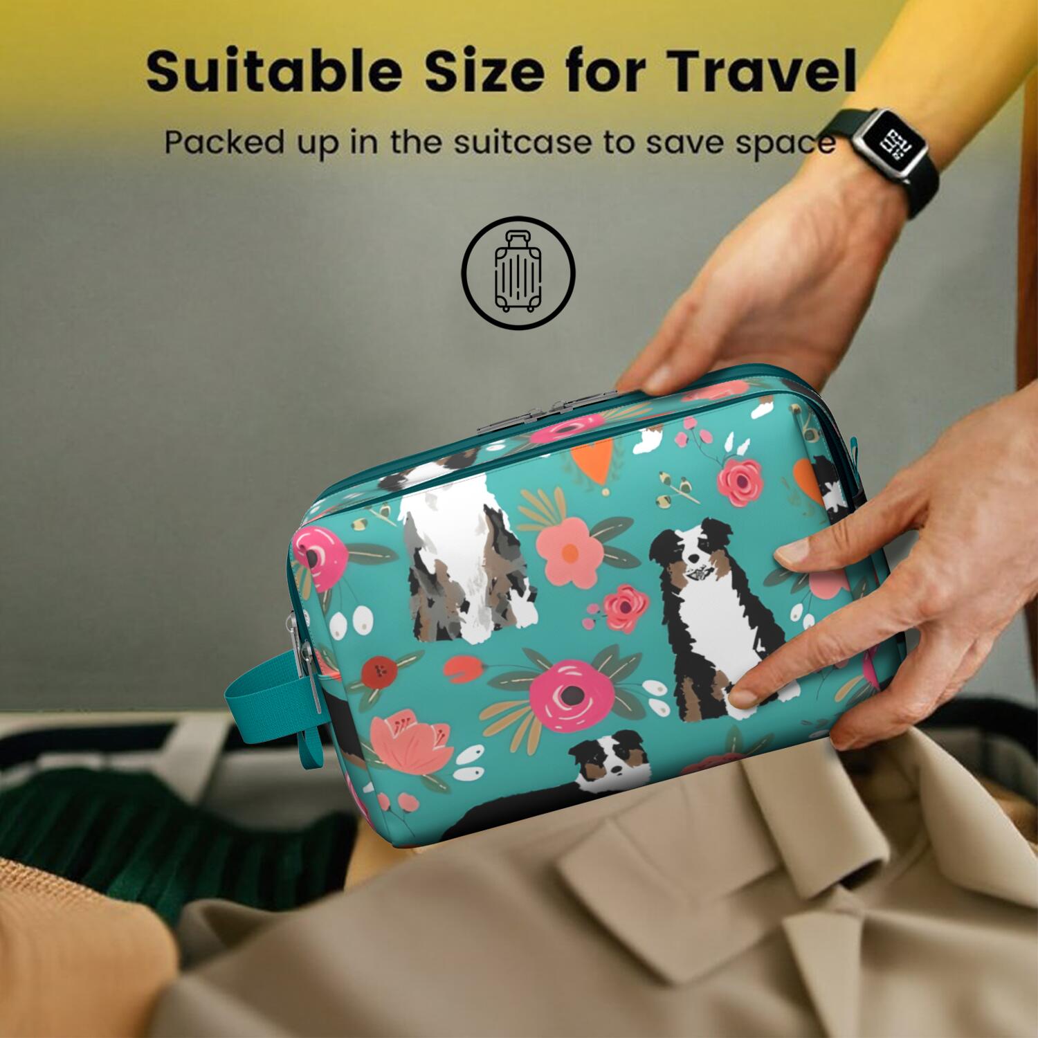 Toiletries Bag,Australian Shepherd Dog and Flower Mens Womens Toiletry Bag Bathroom Bag,Waterproof Toiletry Travel Bag Dopp Kit Shaving Bag 11x6.3x5.1 Inch