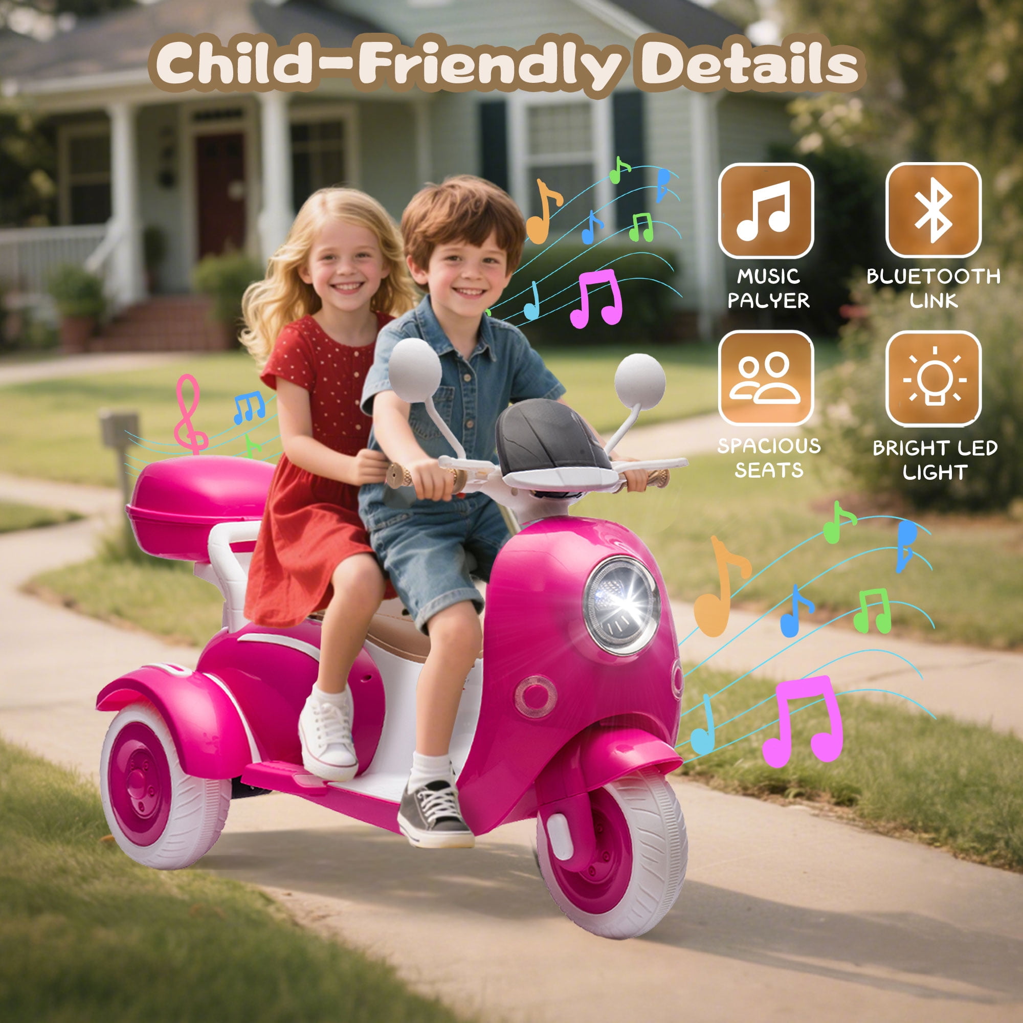 Xuanlur 12V Kids Electric Motorcycle, 3 Wheel 2 Seater Ride on Motorcycle w/Remote Control, 25W*2 Motors Electric Motorcycle w/Big Storage Box, Music, Horn, Light, Ride on Toys for Kids 3-8, Rose