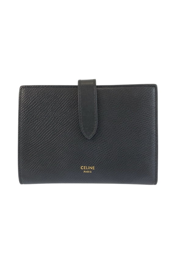 Pre-Owned CELINE Celine Medium Strap Wallet, Black Leather, Folding Compact Women's