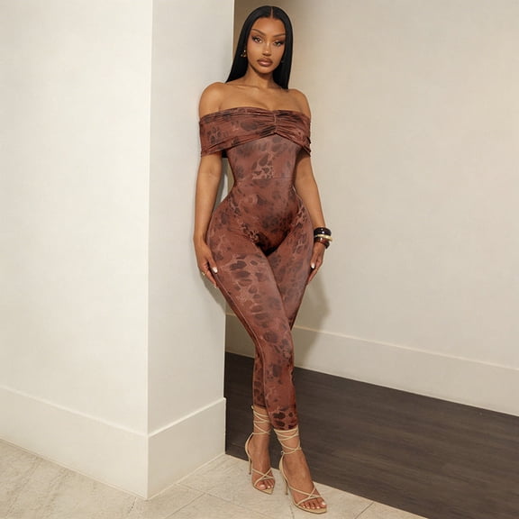 Off-Shoulder Animal Print Bodycon Jumpsuit