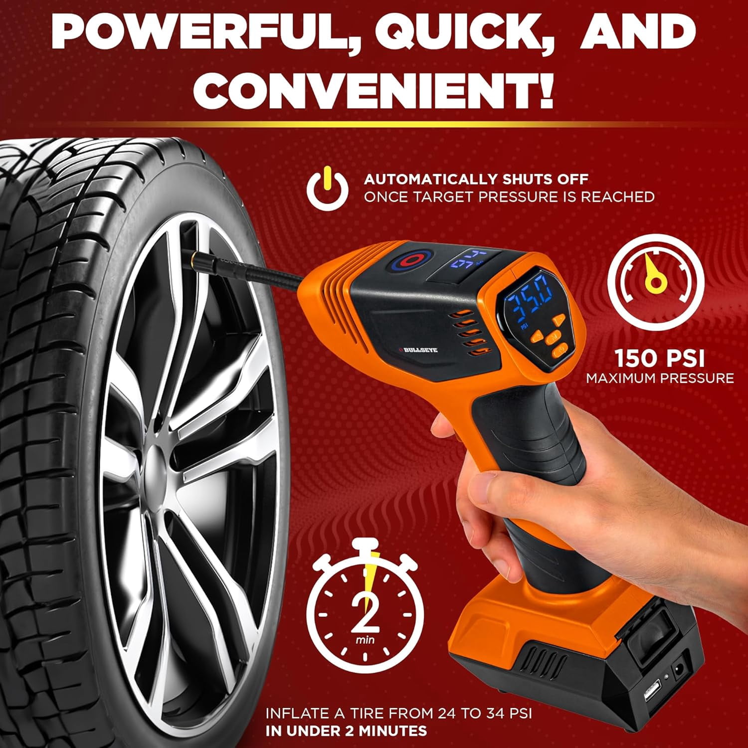 Bullseye 2441 12V Digital Pressure Gauge Tire Inflator, Orange