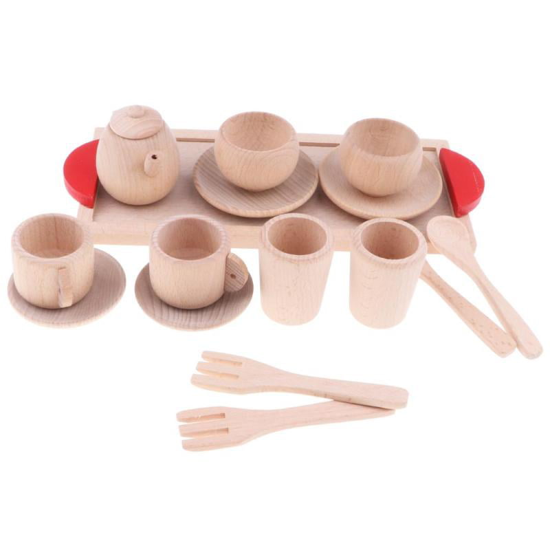 16 piece Wooden Tea Set Pretend Play Toy Educational Games for Kids Children 